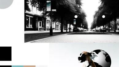 Black and white image with a focus on a dog in a pet-friendly travel street